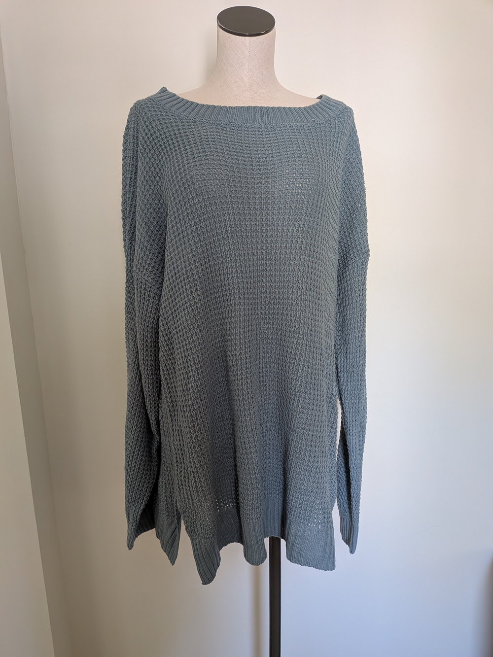 Zenana Outfitters Waffle-Knit Off-the-Shoulder Sweater - Slate Blue